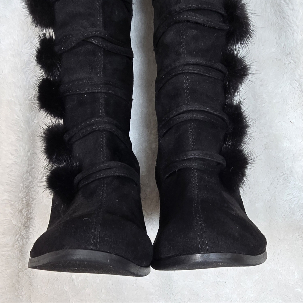 Italina Black Plush Suede Pom-Pom Over-Knee Boots Coquette Whimsigoth Sz.8 - Picture 11 of 16